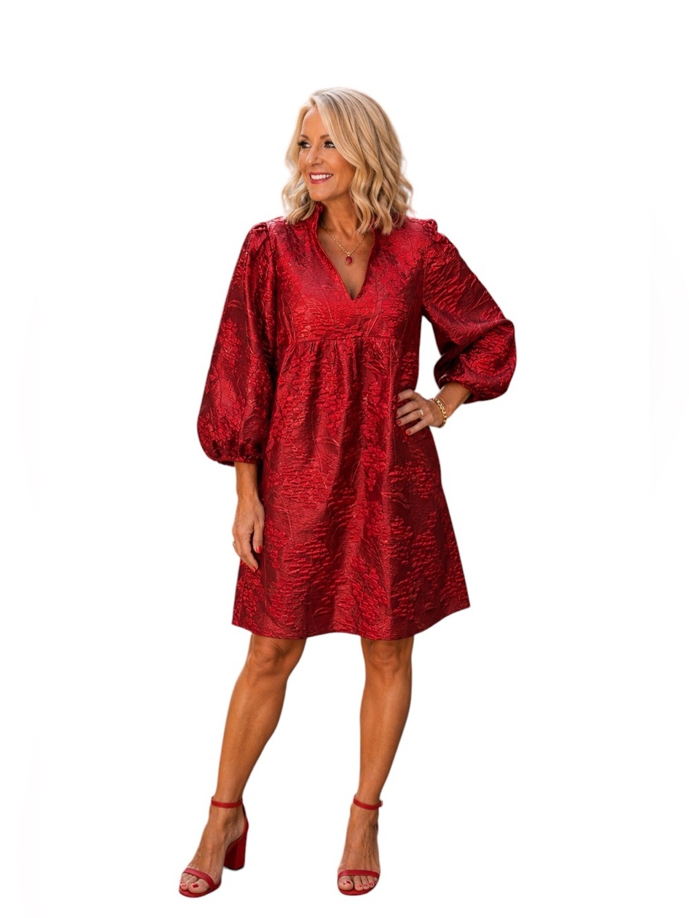 JODIFL Red Jacquard V-Neck Mini Dress with Puff Sleeves Size Large NWT